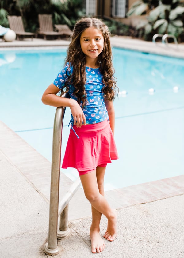 Girl's swim top and skort. Modest plus size top and skirt with pants. Girl's modest plus size swim set. Sun protection UPF +50