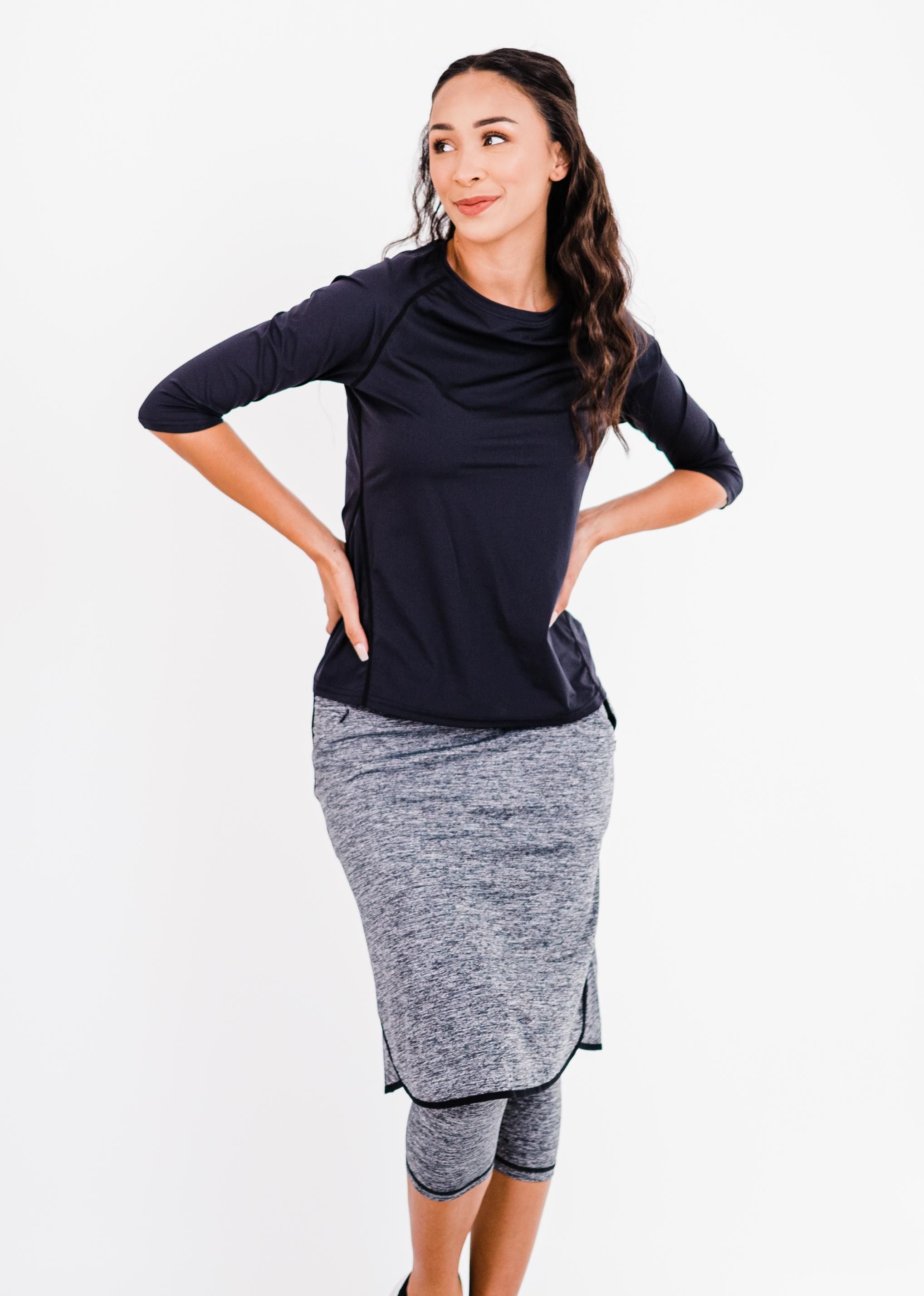 Pro 3/4 Sleeve Performance Top With Knee Length Lycra® Sport Skirt With Attached 17" Leggings