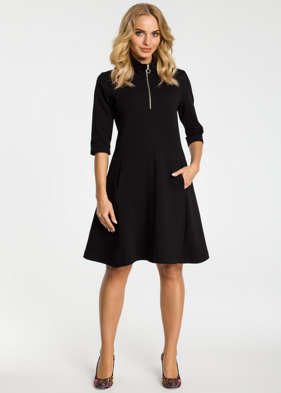 A Line Midi Dress With Pockets - Black